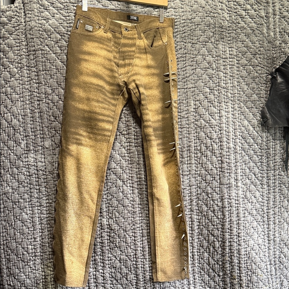 Gianfranco Ferre Men's Straight Jeans - Brown &Yellow with zip and metal studs - Picture 1 of 16